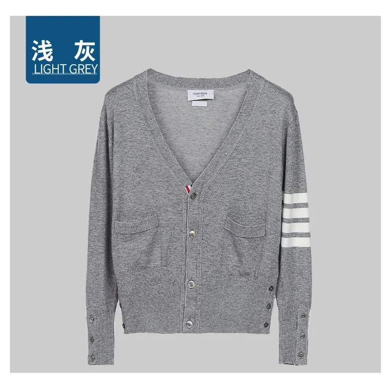 Thom Browne Four-Bar Stripe White V-Neck Cardigan - 11