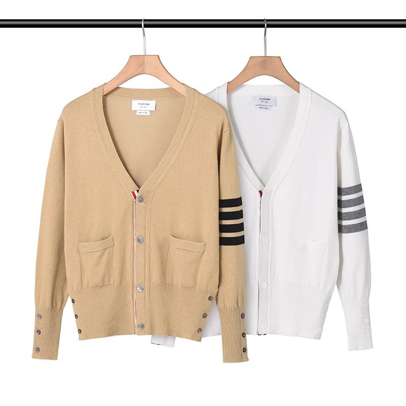 Thom Browne Four-Bar Stripe White V-Neck Cardigan - 16