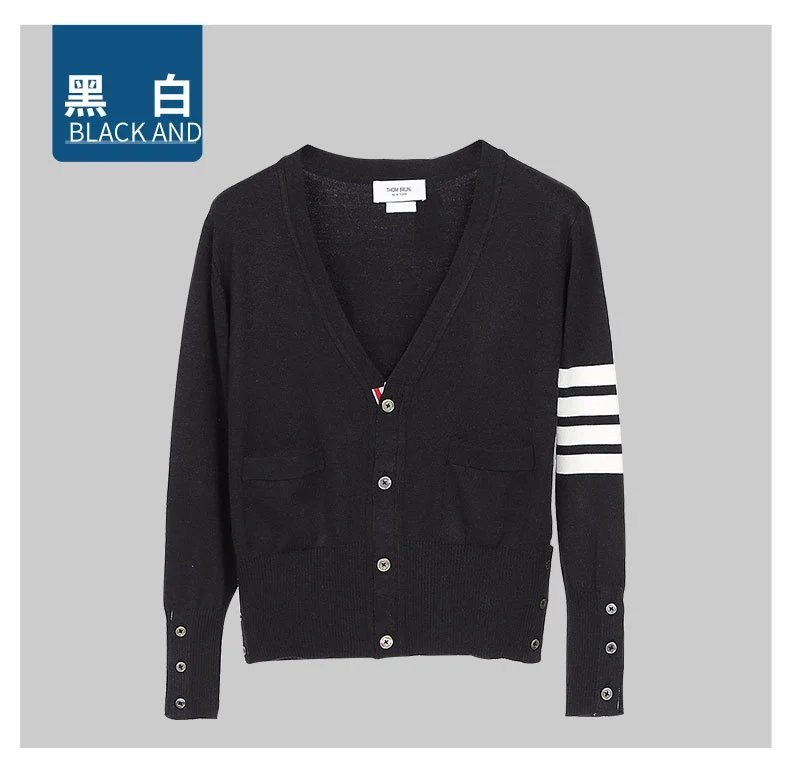 Thom Browne Four-Bar Stripe White V-Neck Cardigan - 12