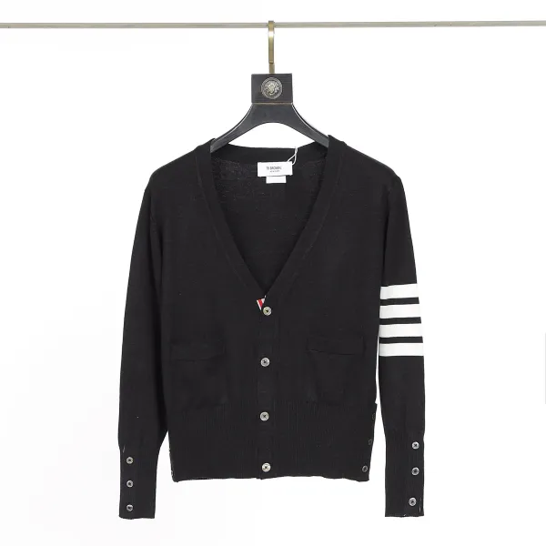 Thom Browne Four-Bar Stripe Black V-Neck Cardigan Outerwear.cardigan - 1