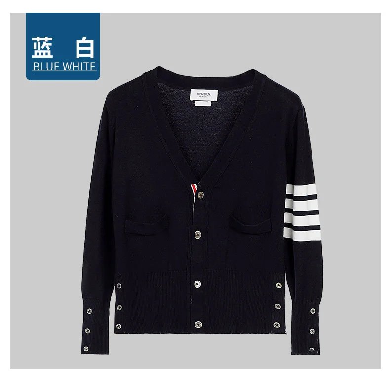 Thom Browne Four-Bar Stripe White V-Neck Cardigan - 13