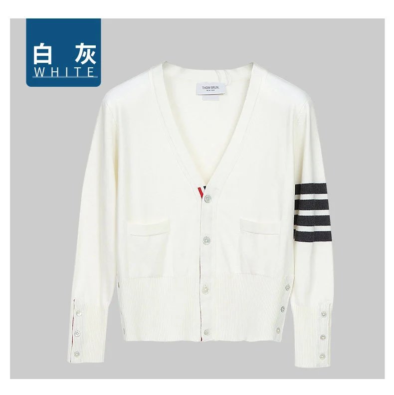 Thom Browne Four-Bar Stripe White V-Neck Cardigan - 15