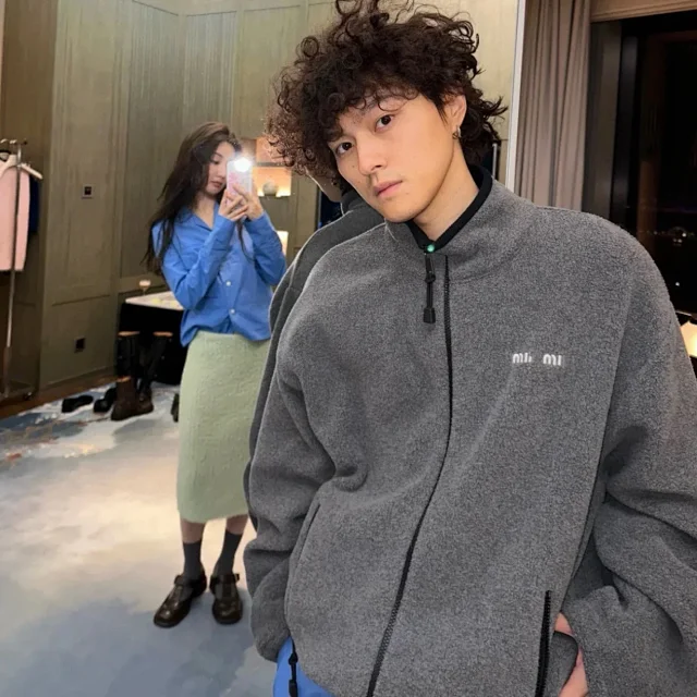 Miu Jackets Embroidered Logo Zip-Up Fleece Jacket product detail image 3