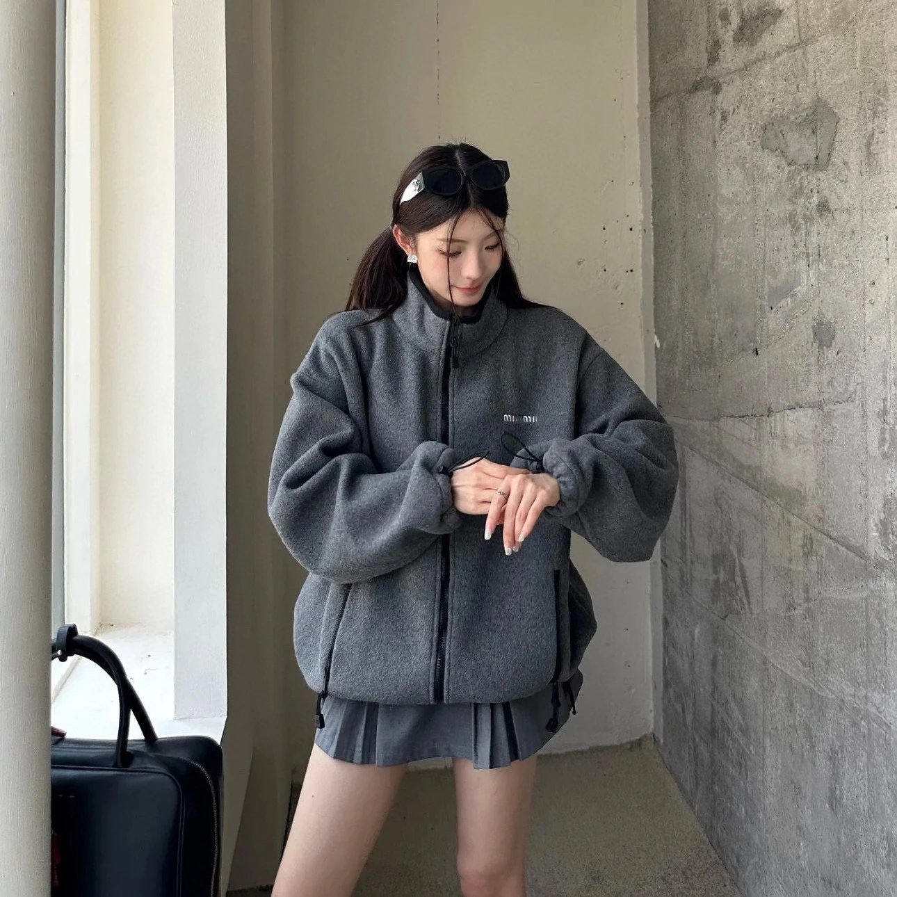 Miu Miu Fleece Zip-Up Jacket Gray Outerwear - 7