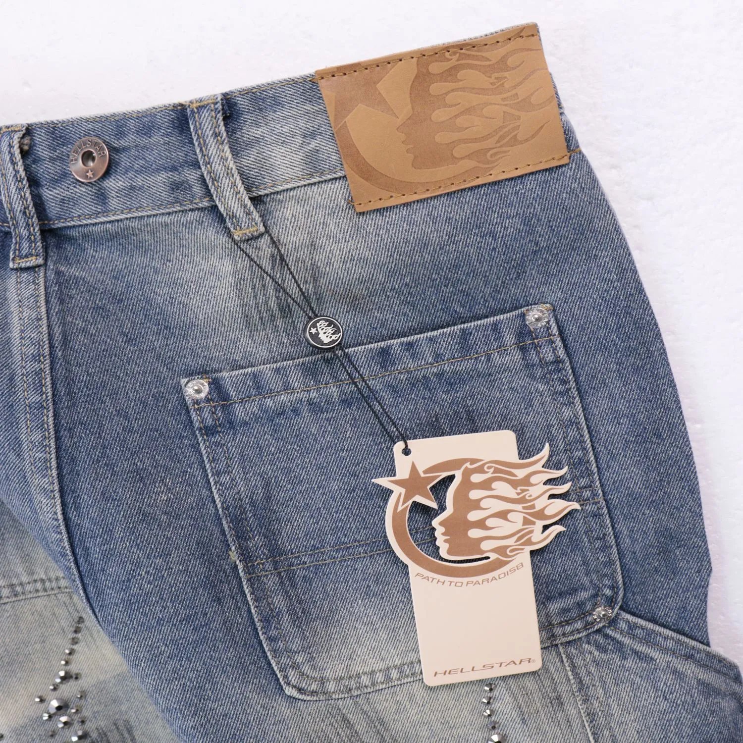Design Distressed Denim Shorts with Crystal Embellishments Washed Blue Shorts - 12