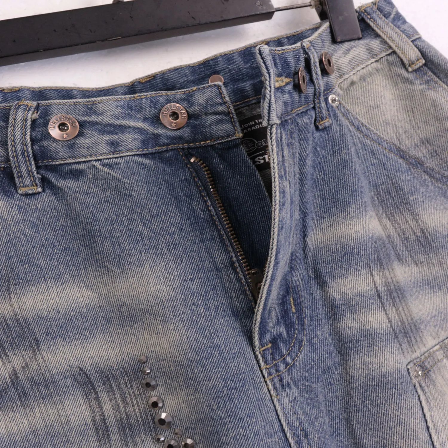 Design Distressed Denim Shorts with Crystal Embellishments Washed Blue Shorts - 4