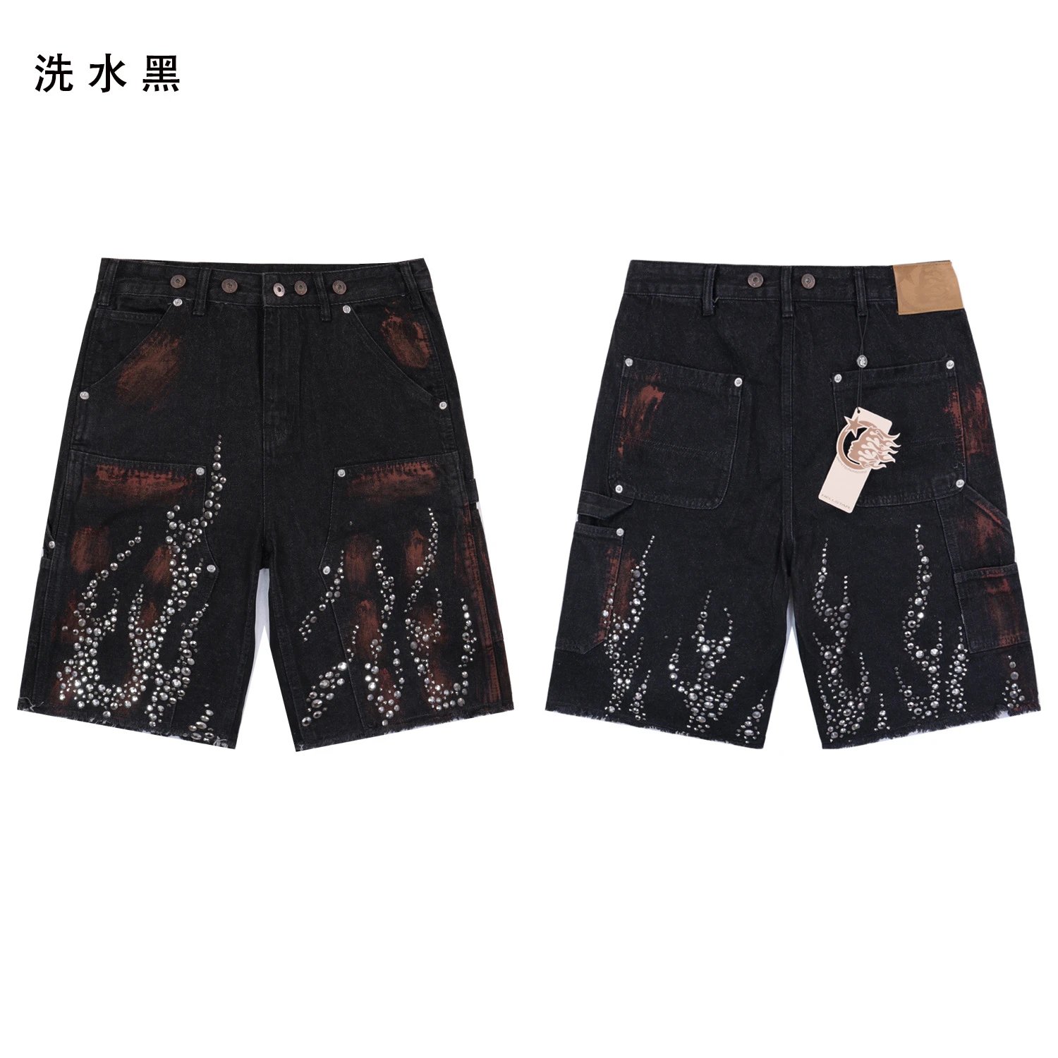 Design Distressed Denim Shorts with Crystal Embellishments Washed Blue Shorts - 15