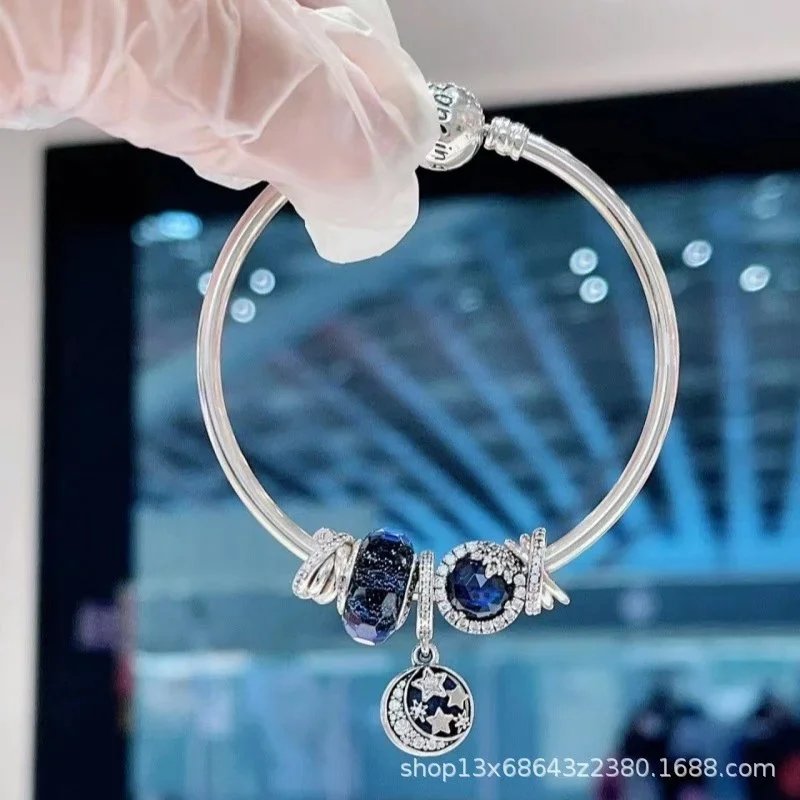 Silver Bangle with Blue Crystal Charms Celestial Style