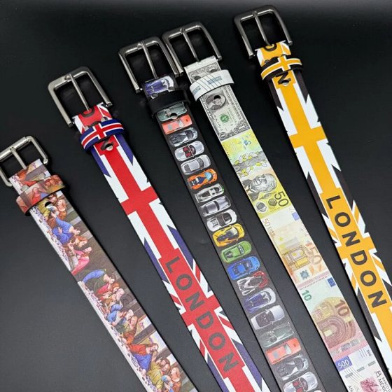 M2- Original New Art London Khaki Money Printed Belt Cross border American Style Belt Creative Graffiti Printing