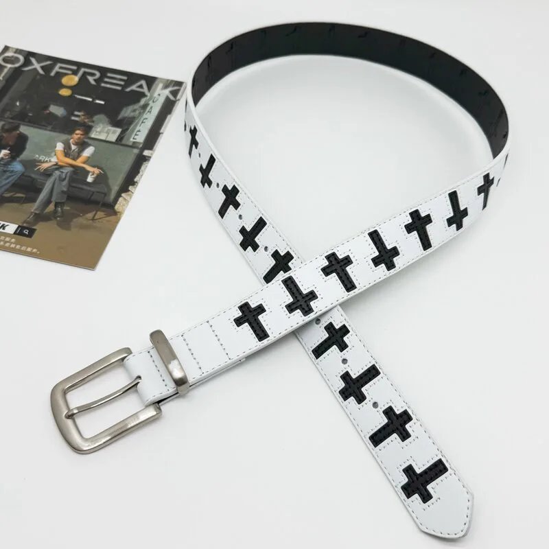 M2 Trendy Brand Black and White Leather Cross Belt Casual Leather Men's and Women's Same Belt High Street Fashion Personalized Belt