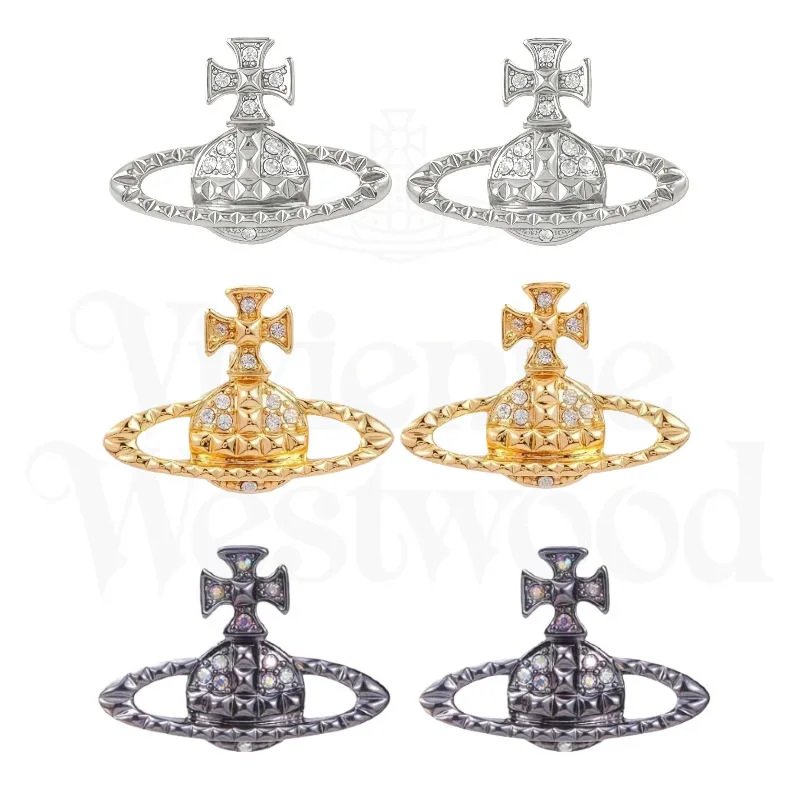 M18- Celebrity Queen Dowager Full Diamond Rivet Saturn Earrings, niche, high-end, punk personality, versatile, light luxury earrings