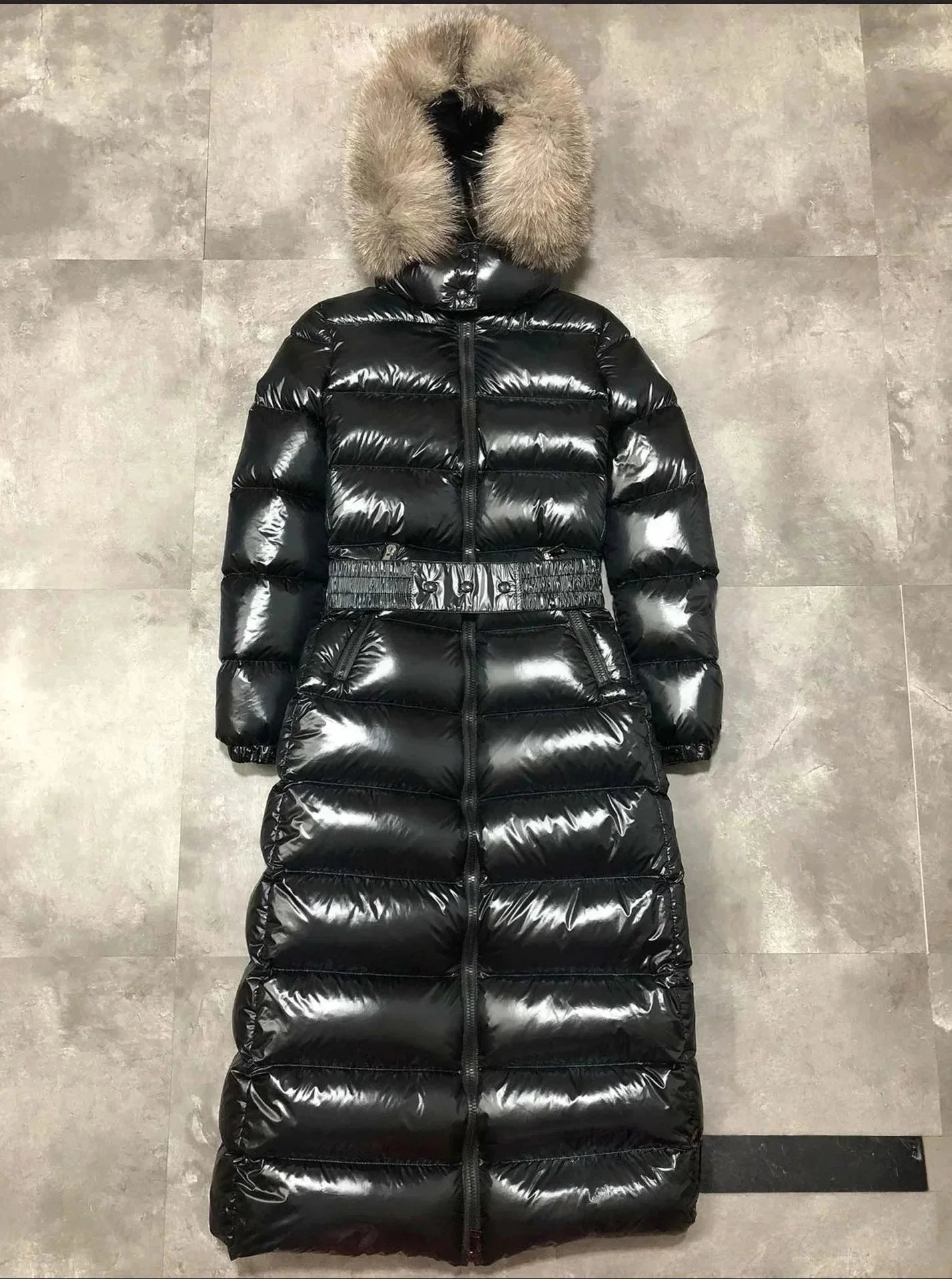 Long Winter Down Coat with Faux Fur Collar Glossy Finish