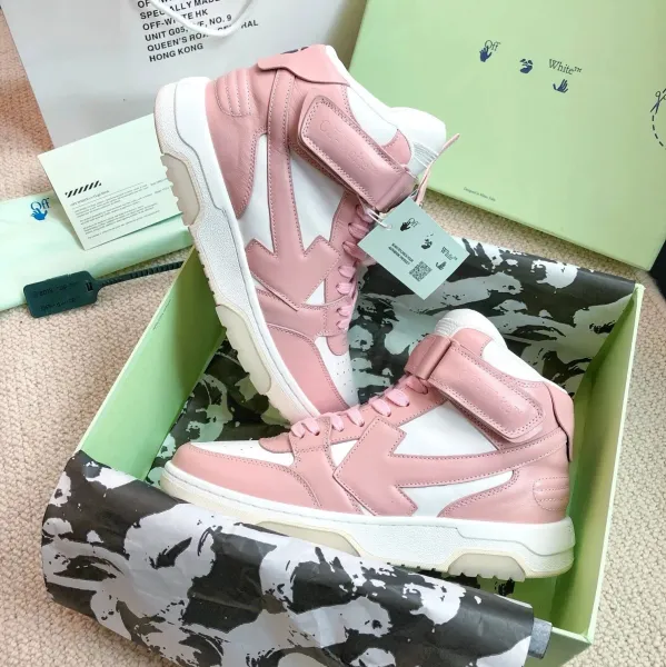 Off-White Diagonal Arrow High-Top Sneakers Pink and White - 1