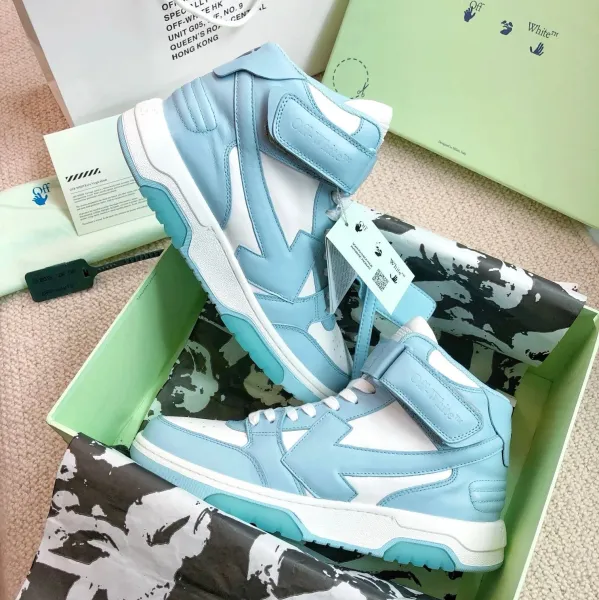 Off-White Diagonal Arrow High-Top Sneakers Light Blue and White - 1