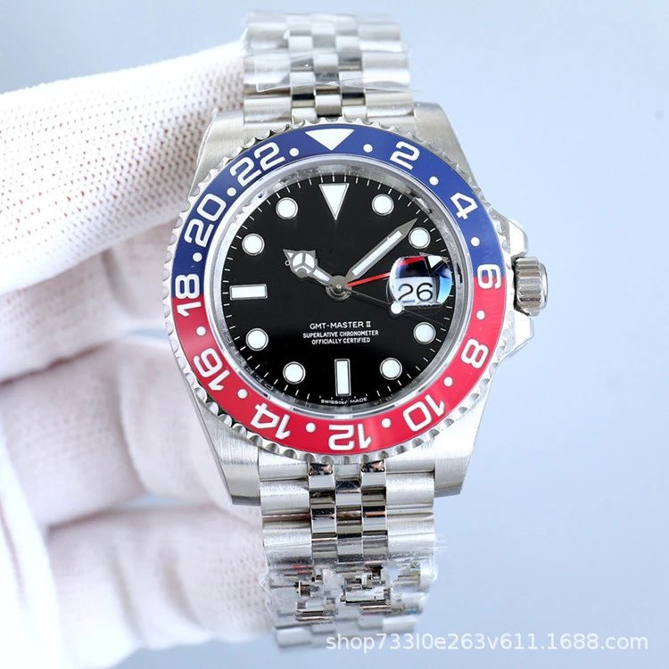 White steel black face, red blue circle, five bead belt