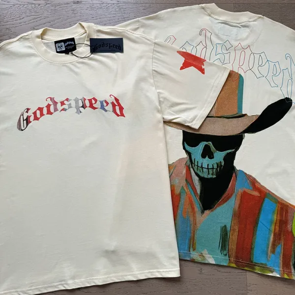 Godspeed Skull Cowboy Graphic T-Shirt Beige - 1