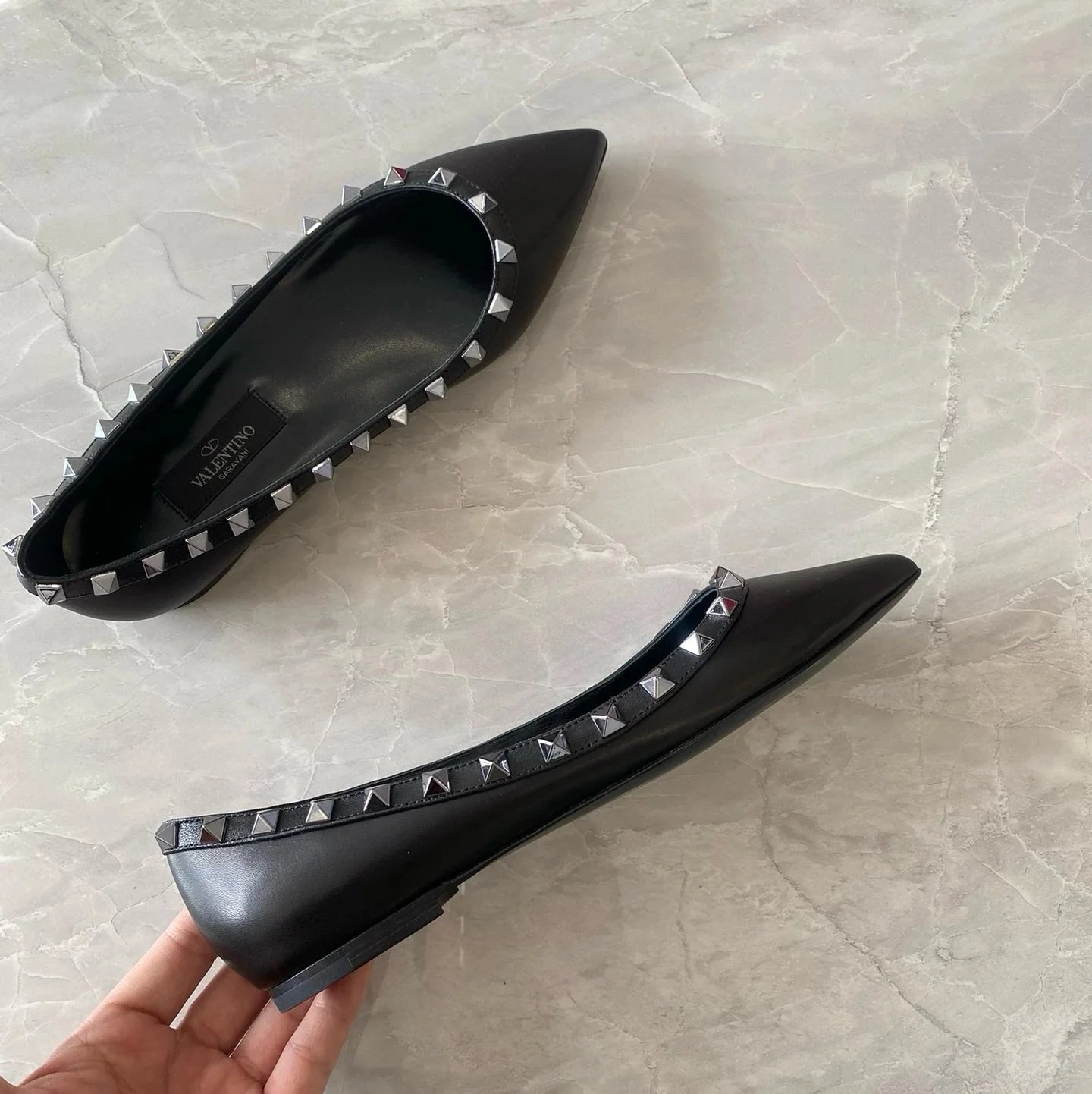 Valentino Garavani Casual Shoes Pointed-Toe Studded Ballet Flats — Flat Shoes Black Sheepskin
