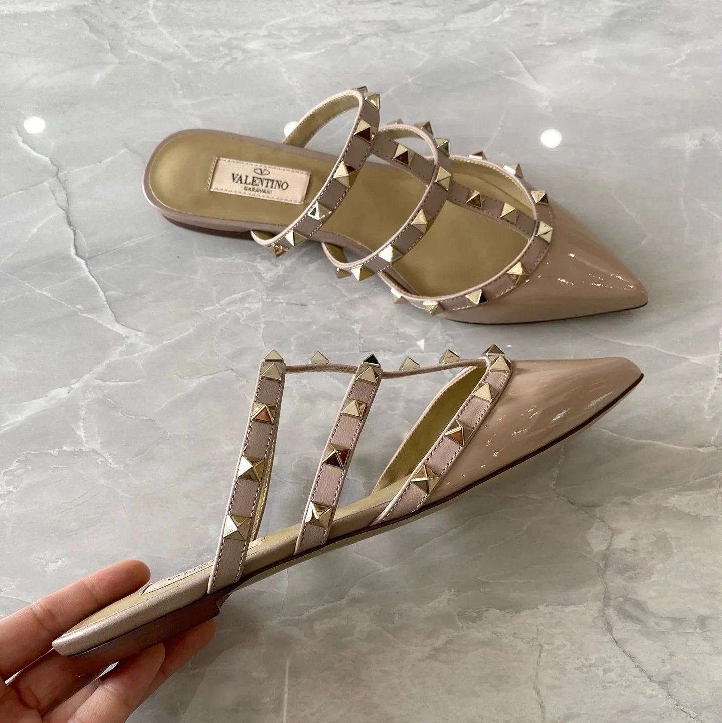 Valentino Garavani Casual Shoes Pointed-Toe Studded Ballet Flats — Flat Stud Semi-Drag Nude Patent Leather