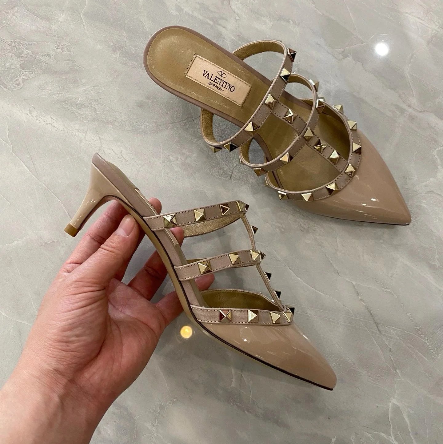 Valentino Garavani Casual Shoes Pointed-Toe Studded Ballet Flats — Mid-Heel Half-Tow Nude Patent Leather