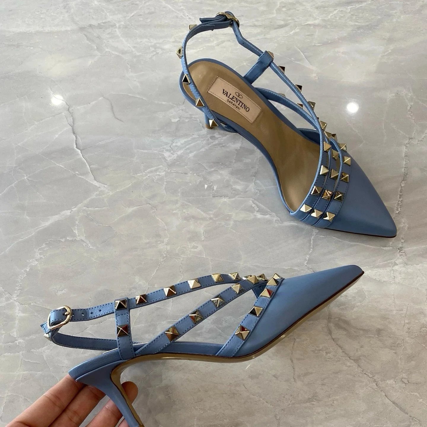 Valentino Garavani Casual Shoes Pointed-Toe Studded Ballet Flats — Mid-heel Rivet Blue Sheepskin