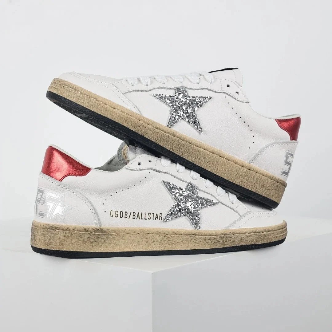 Golden Goose Sneakers Distressed star-appliqué low-top — White Flash Star Red Tail