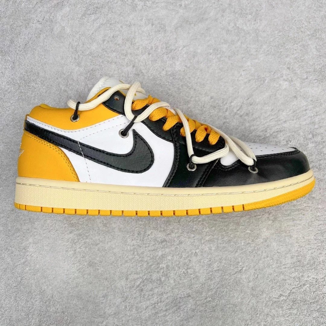Nike Sneakers Air Jordan 1 Low Deconstruction Custom — Black White Yellow Beige Strap