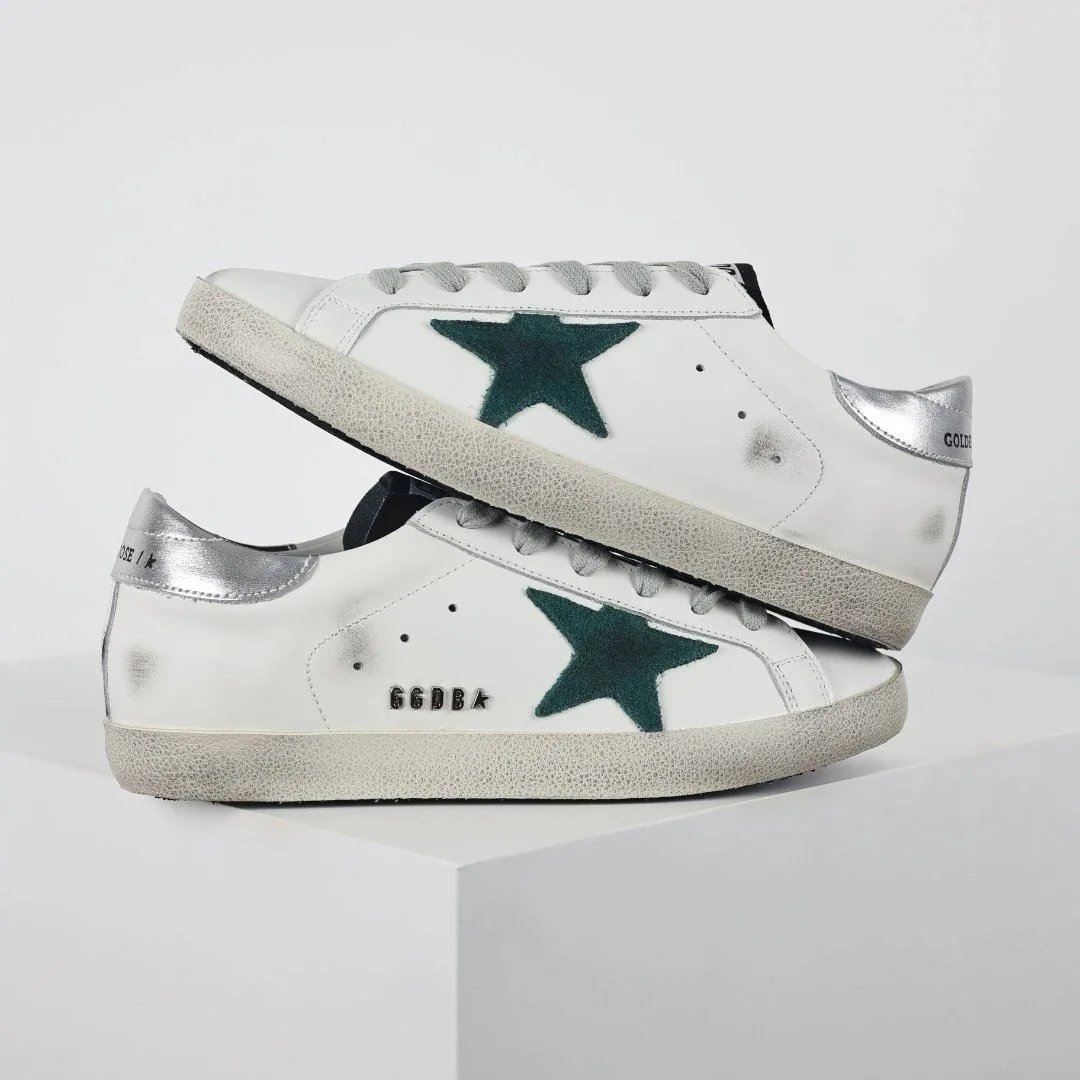 Golden Goose Sneakers Distressed star-appliqué low-top — White Green Star Silver Tail