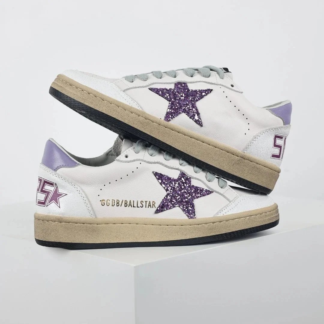 Golden Goose Sneakers Distressed star-appliqué low-top — white purple star purple tail