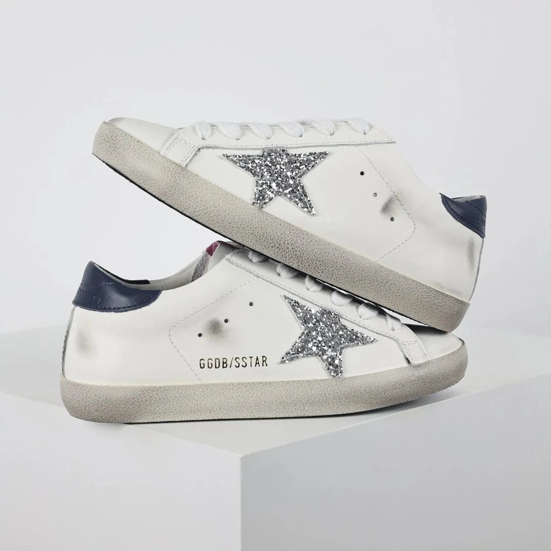 Golden Goose Sneakers Distressed star-appliqué low-top — Silver Star Blue Tail