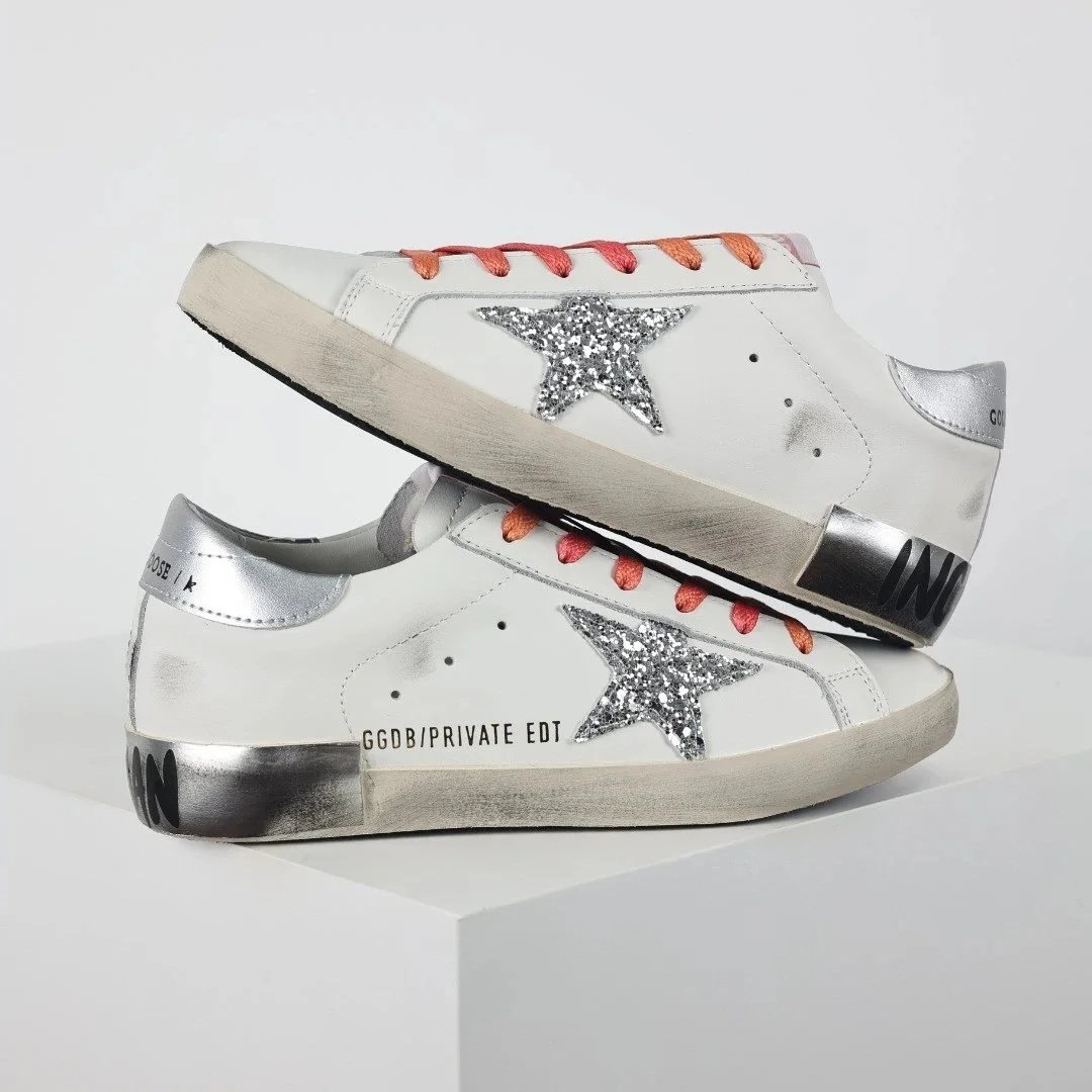 Golden Goose Sneakers Distressed star-appliqué low-top — White Flash Star Silver Tail
