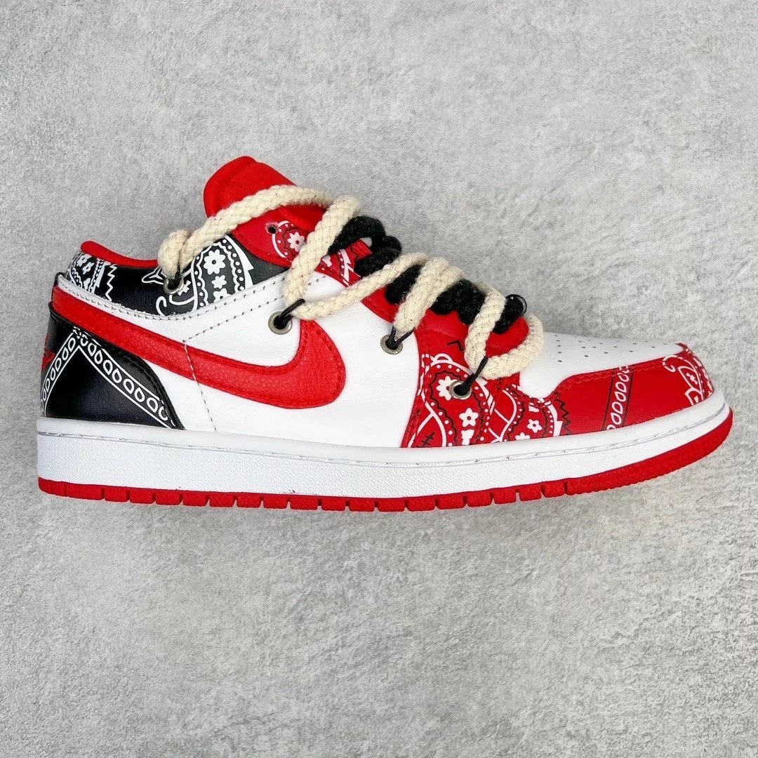 Nike Sneakers Air Jordan 1 Low Deconstruction Custom — Black and white red beige strap