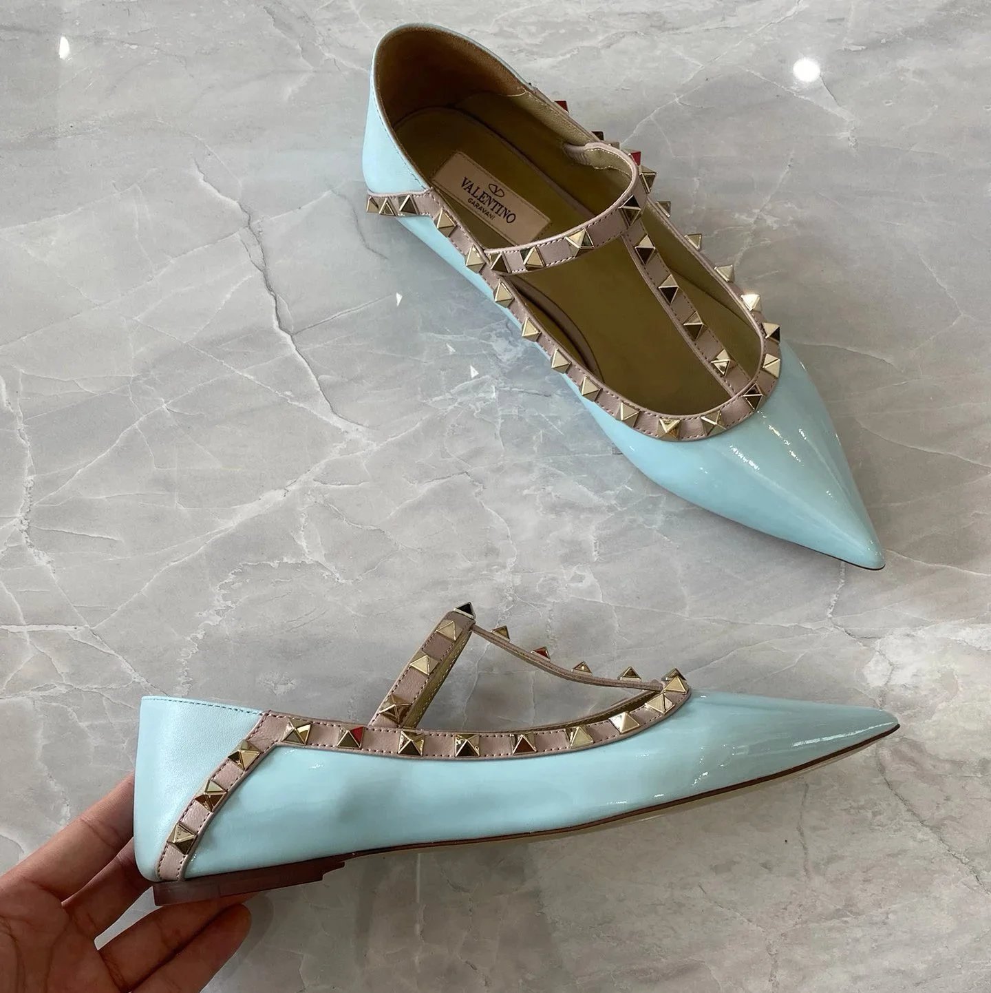 Valentino Garavani Casual Shoes Pointed-Toe Studded Ballet Flats — Flat heel lake blue patent leather