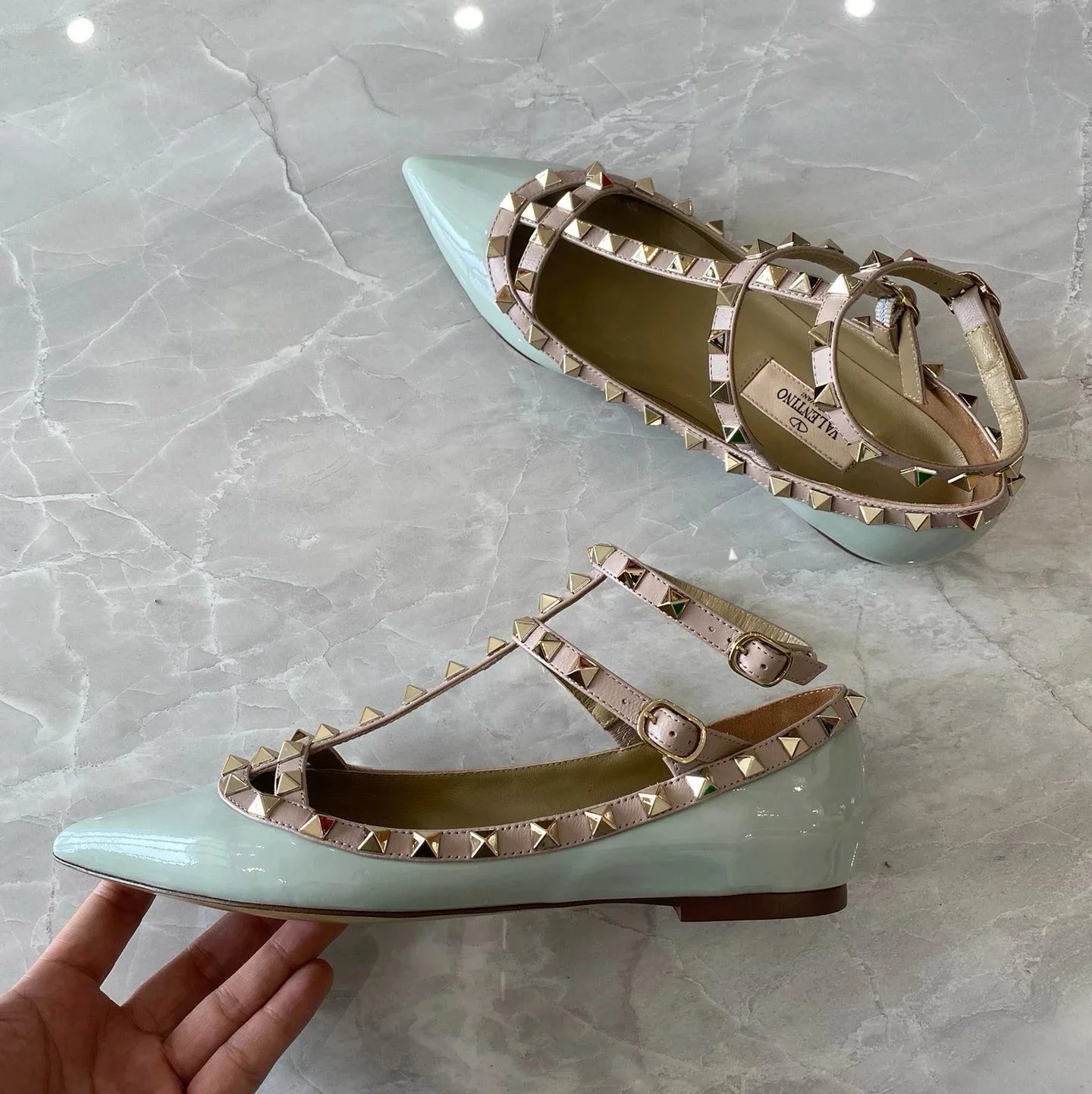 Valentino Garavani Casual Shoes Pointed-Toe Studded Ballet Flats — Flat Two-Loop Smog Blue Patent Leather