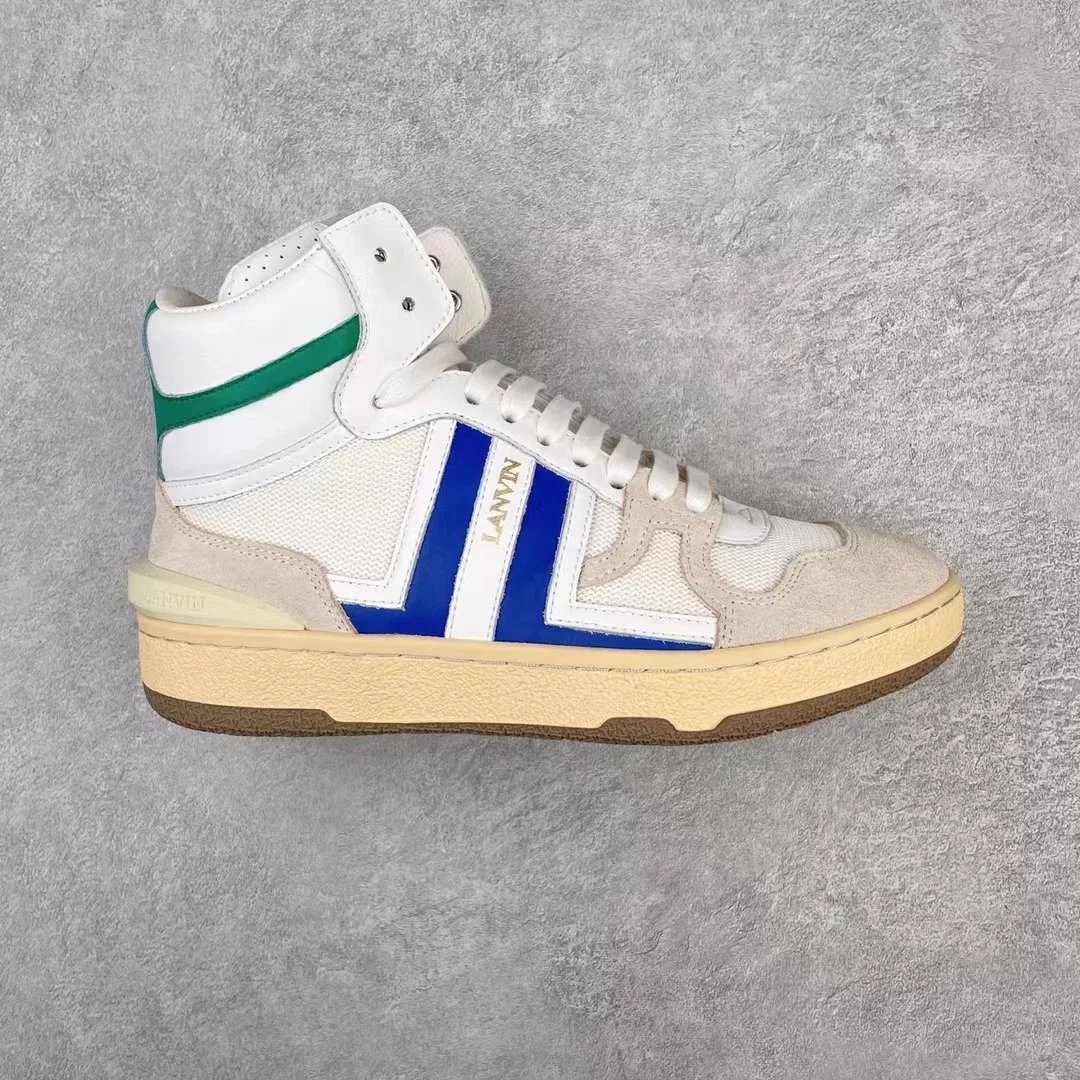 Lanvin Sneakers High-top lace-up with contrast side panels — White and blue high-top