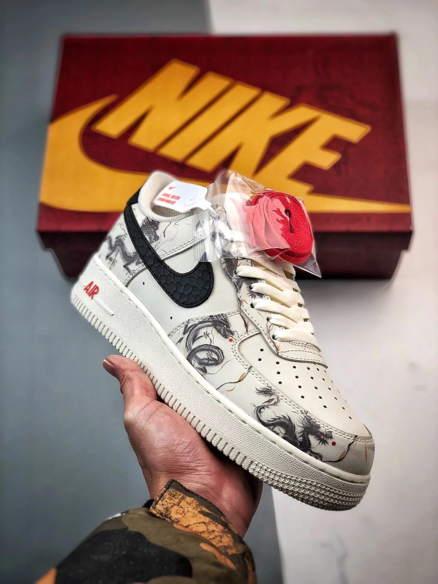 Nike Sneakers Air Force 1 Low — White, black, and dragon-pattern graffiti