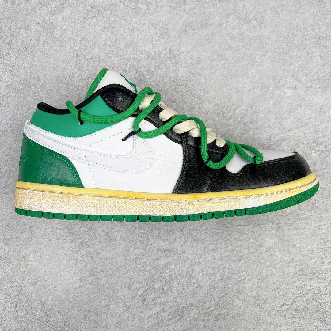 Nike Sneakers Air Jordan 1 Low Deconstruction Custom — Black and white green green strap