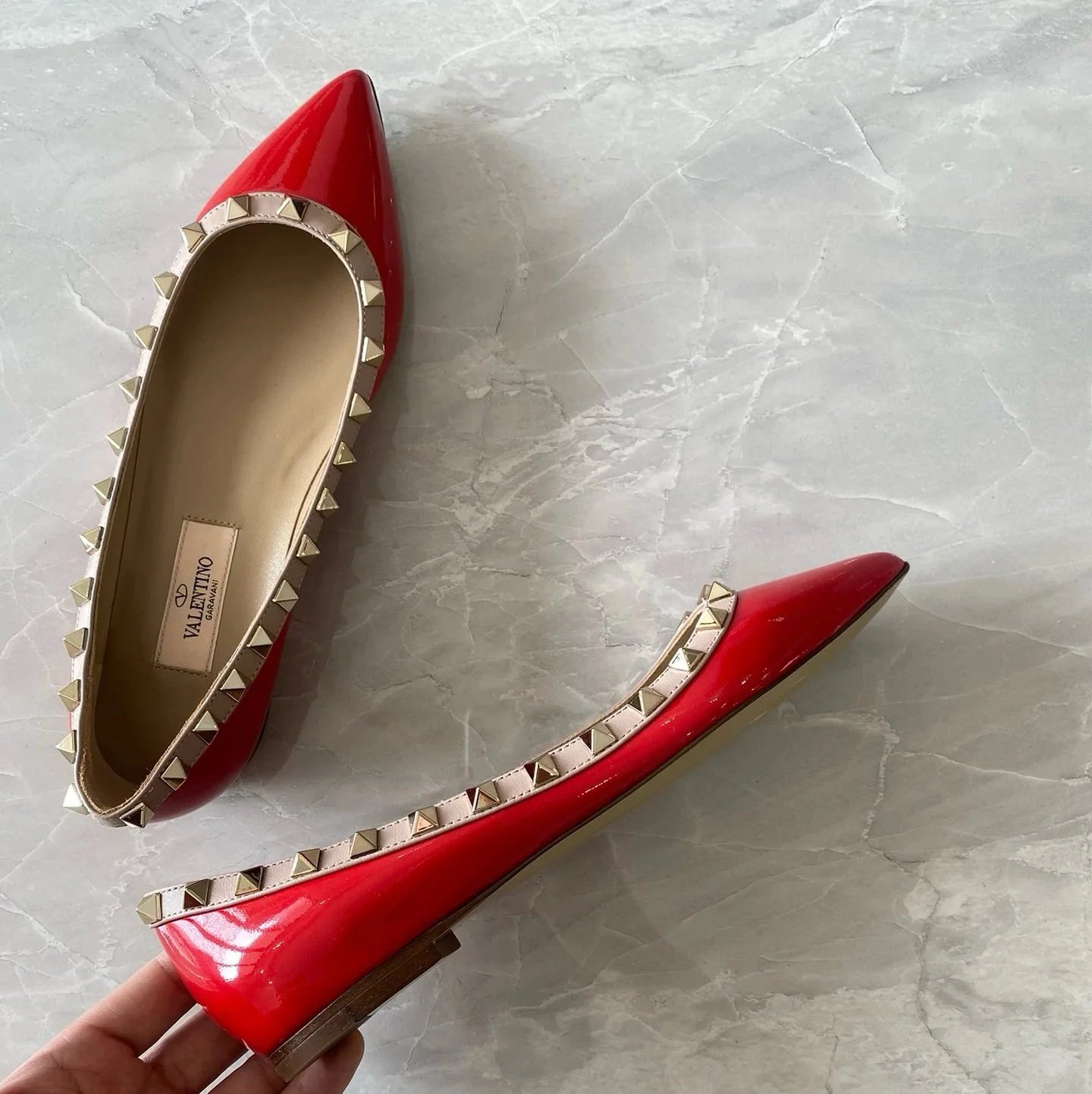 Valentino Garavani Casual Shoes Pointed-Toe Studded Ballet Flats — Red Patent Leather Flat Pumps