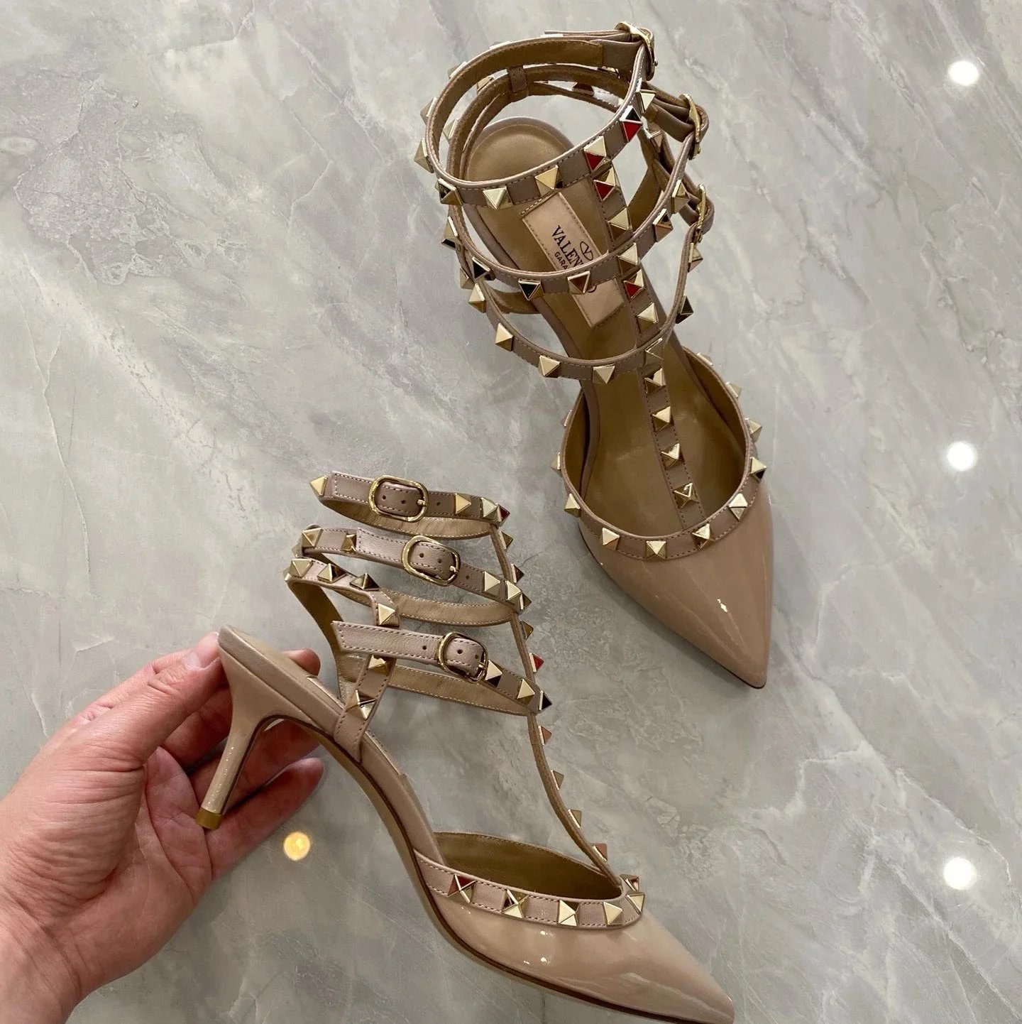 Valentino Garavani Casual Shoes Pointed-Toe Studded Ballet Flats — Mid-Heel Tricyclic Nude Patent Leather