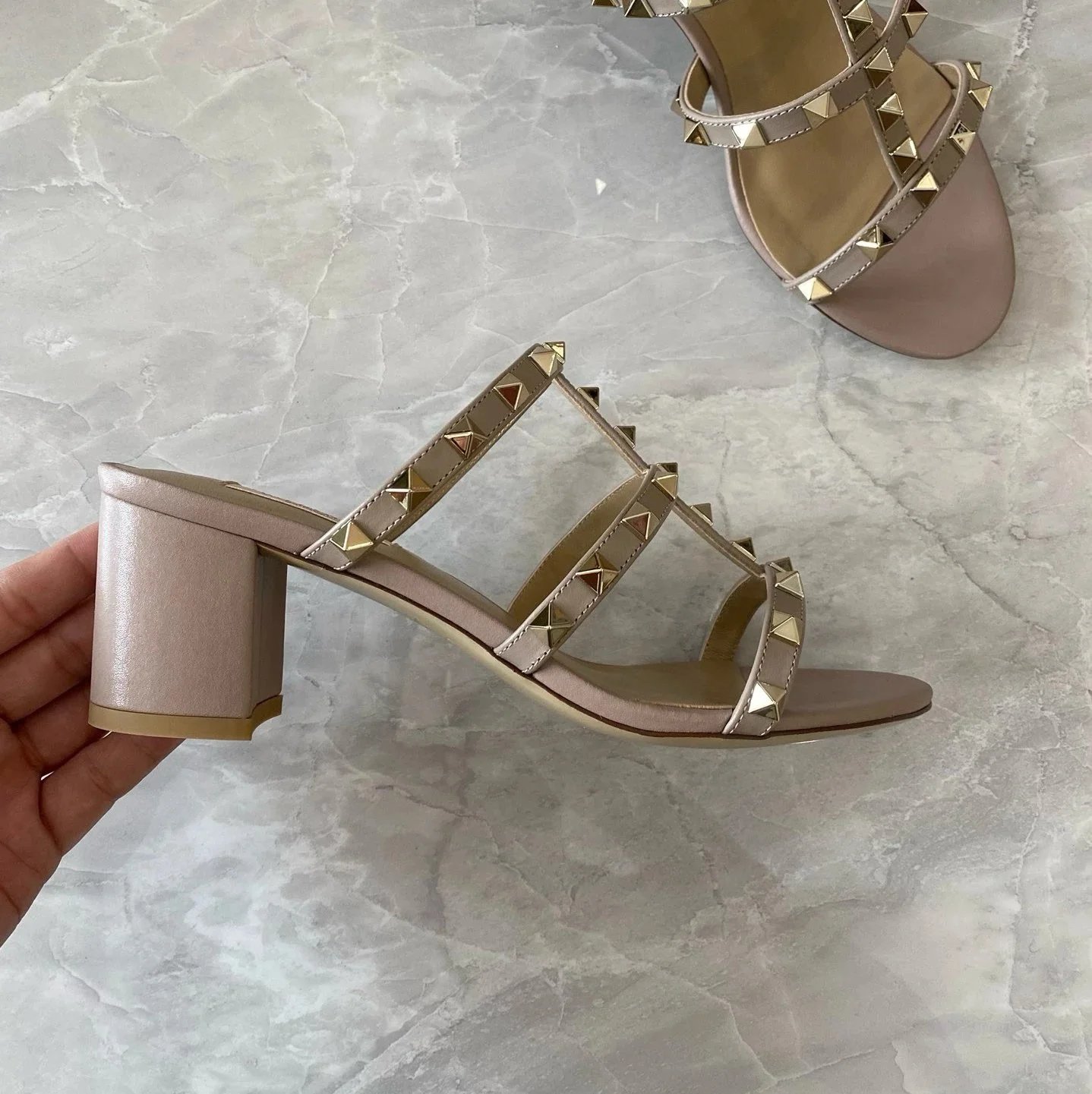 Valentino Garavani Casual Shoes Pointed-Toe Studded Ballet Flats — Thick Heel Nude Sheepskin