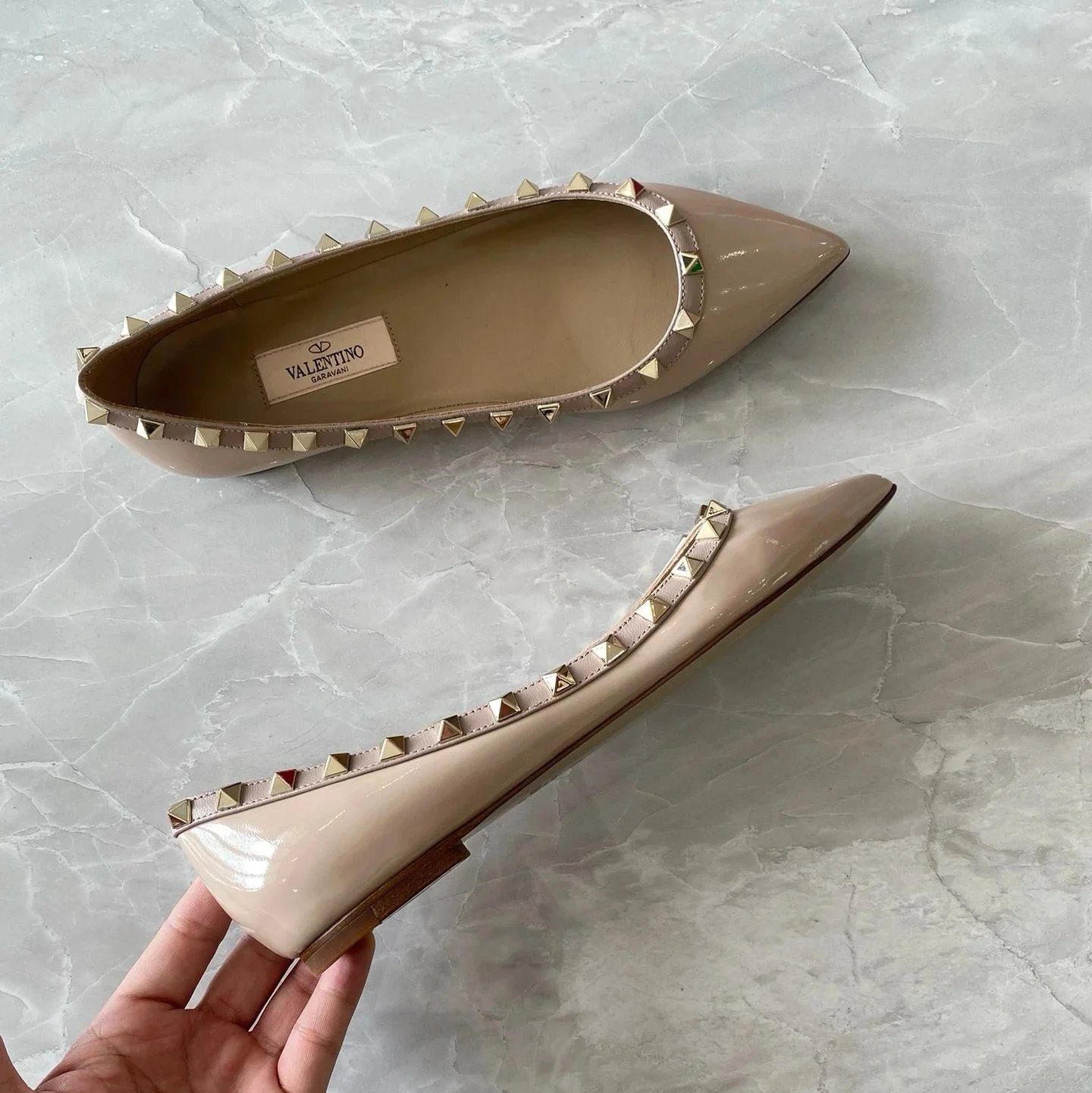 Valentino Garavani Casual Shoes Pointed-Toe Studded Ballet Flats — Flat Pumps in Patent Nude Leather