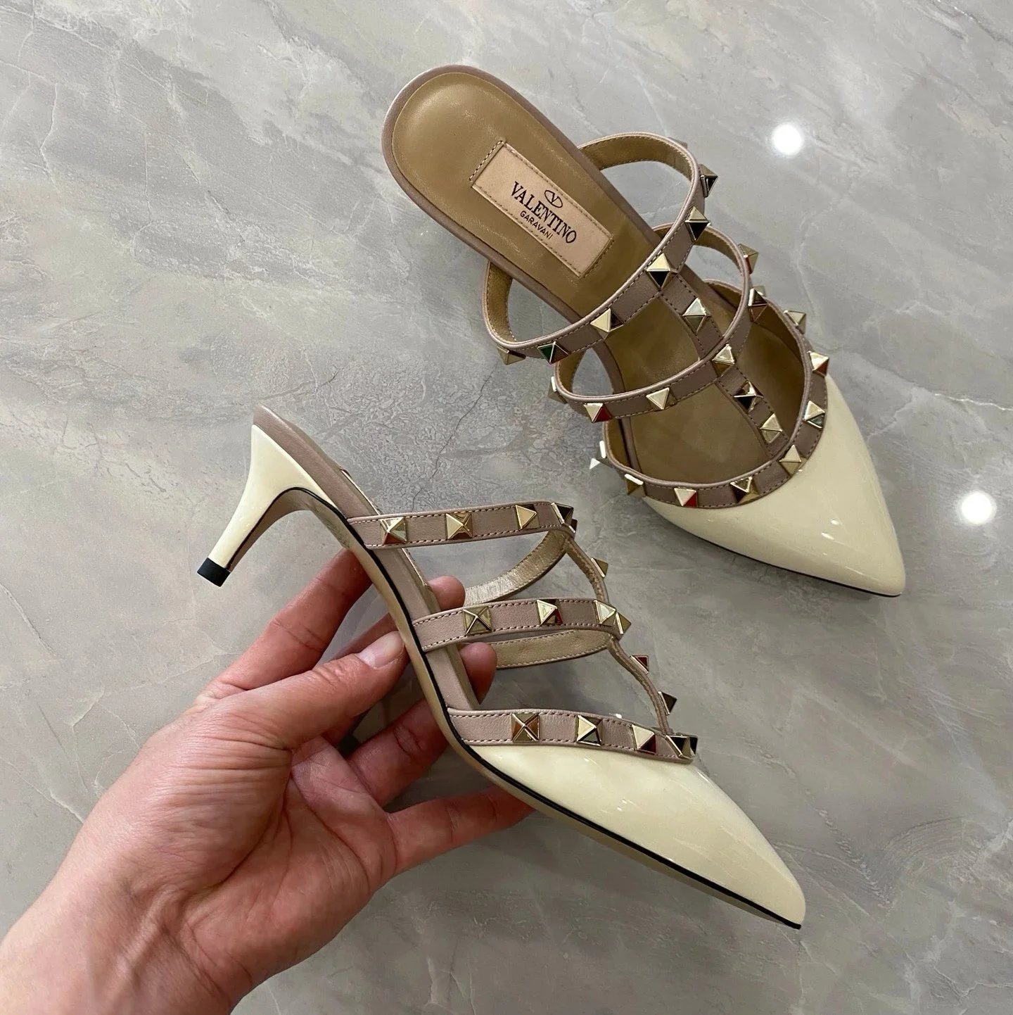 Valentino Garavani Casual Shoes Pointed-Toe Studded Ballet Flats — Mid-Heel Half-Tow White Patent Leather