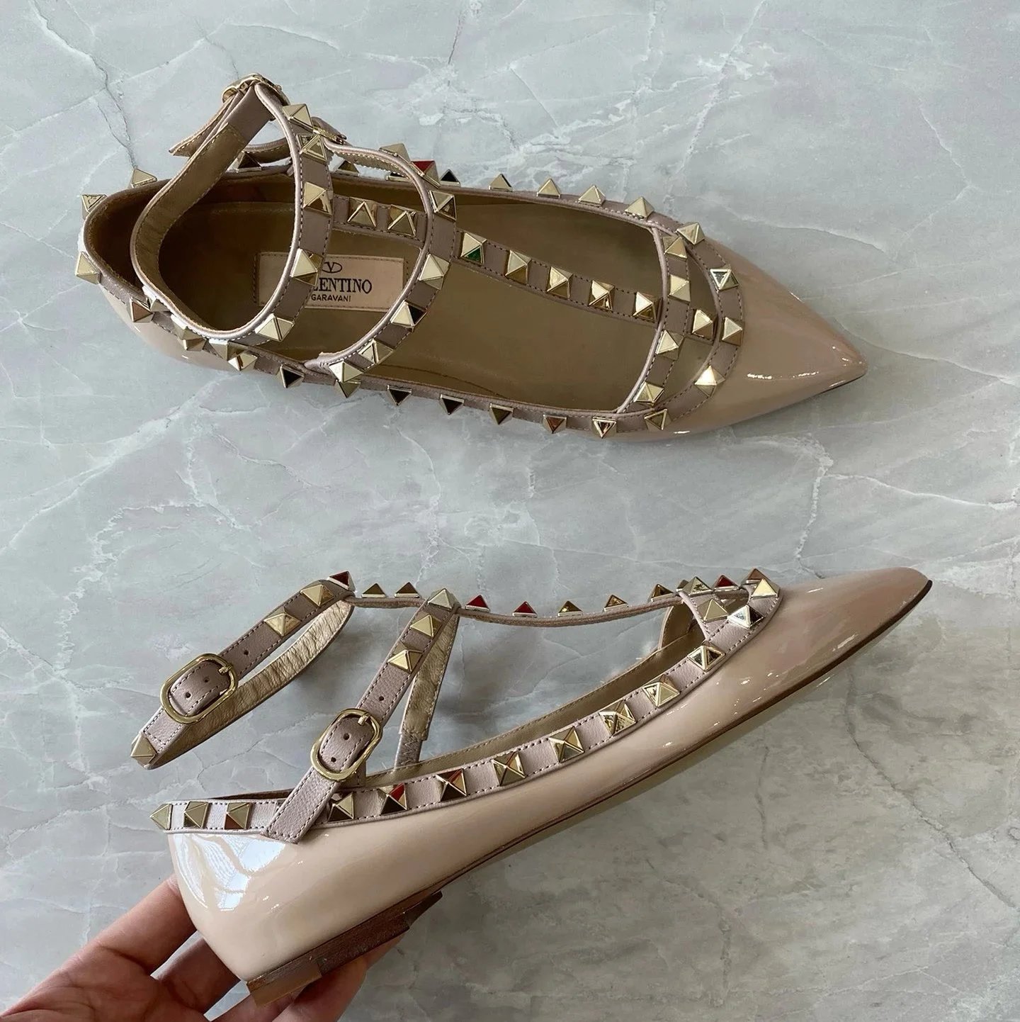 Valentino Garavani Casual Shoes Pointed-Toe Studded Ballet Flats — Flat Two-Loop Nude Patent Leather