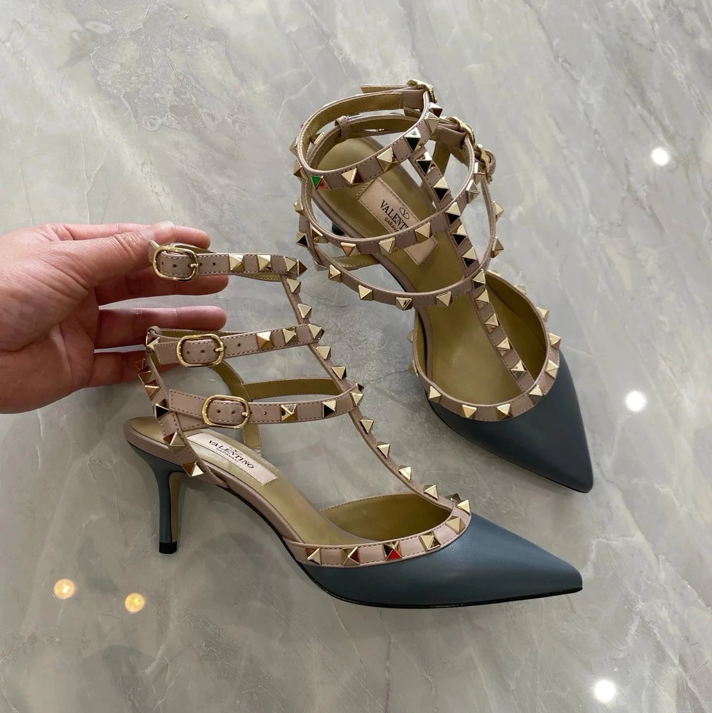 Valentino Garavani Casual Shoes Pointed-Toe Studded Ballet Flats — Mid-heel Tricyclic Smog Blue Sheepskin