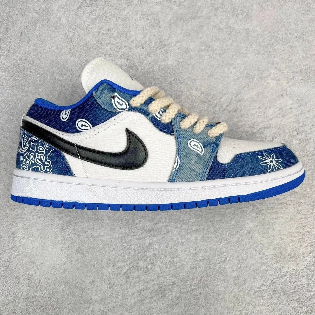 Nike Sneakers Air Jordan 1 Low Deconstruction Custom — Denim Blue Beige Strap
