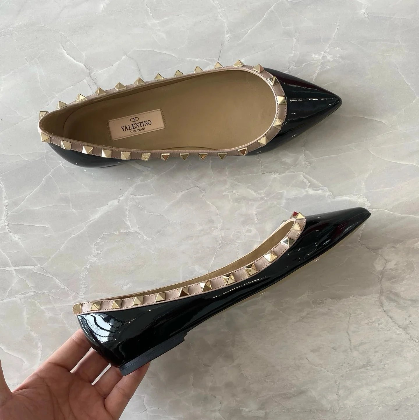 Valentino Garavani Casual Shoes Pointed-Toe Studded Ballet Flats — Flat Pumps Black Patent Leather