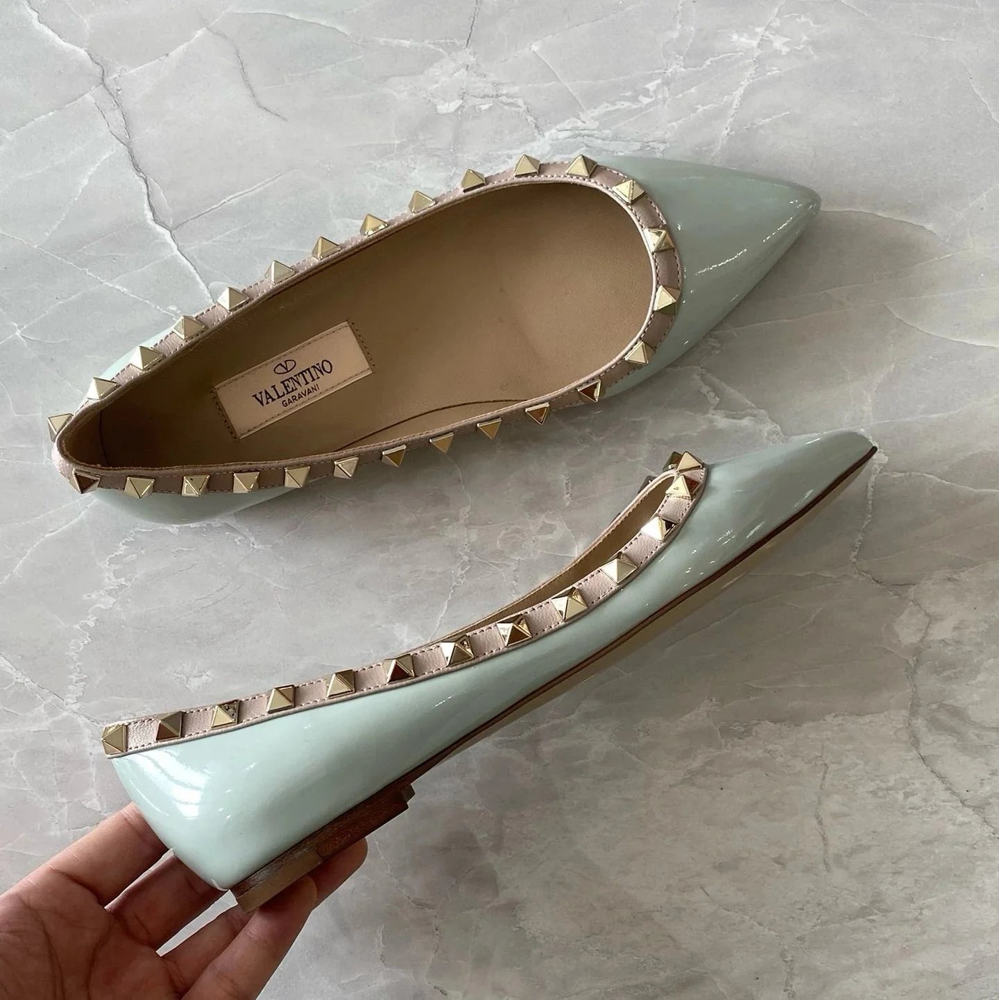 Valentino Garavani Casual Shoes Pointed-Toe Studded Ballet Flats — Flat Shoes Smoky Blue Patent Leather
