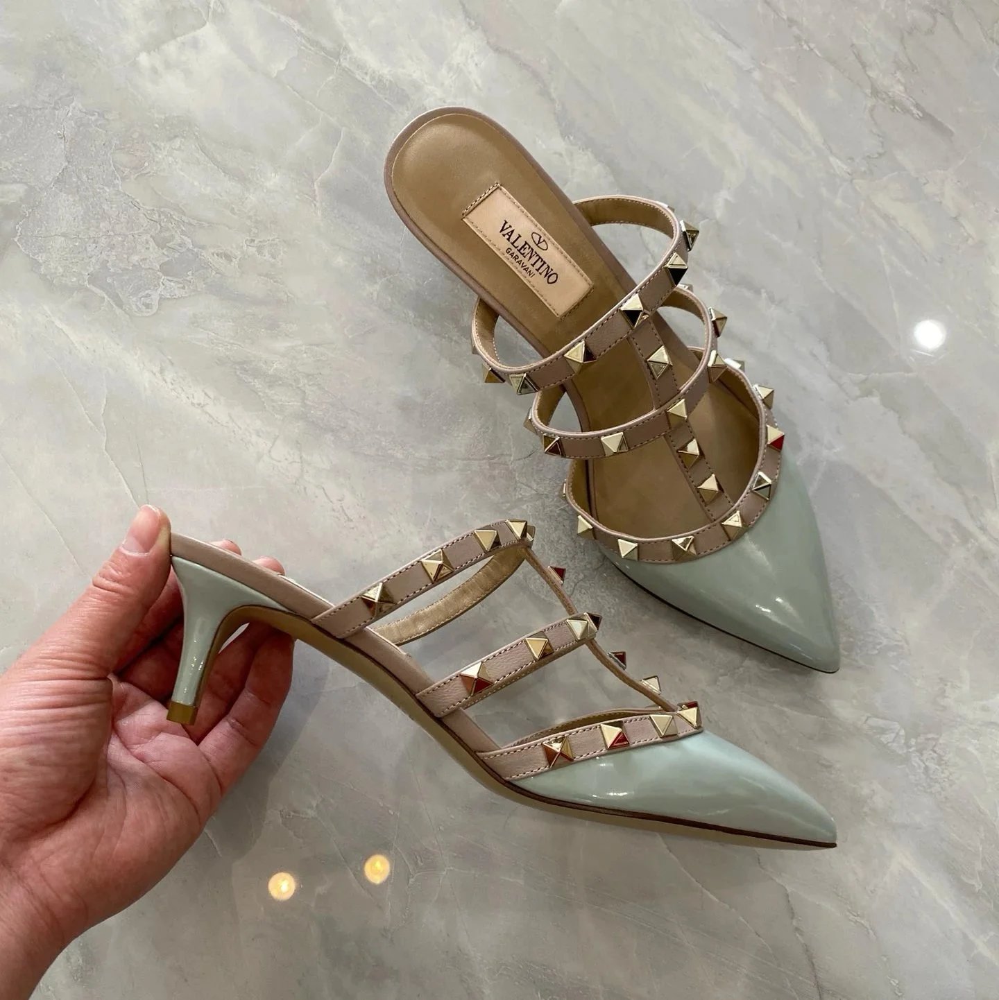 Valentino Garavani Casual Shoes Pointed-Toe Studded Ballet Flats — Mid-Heel Half-Drag Smoky Blue Patent Leather