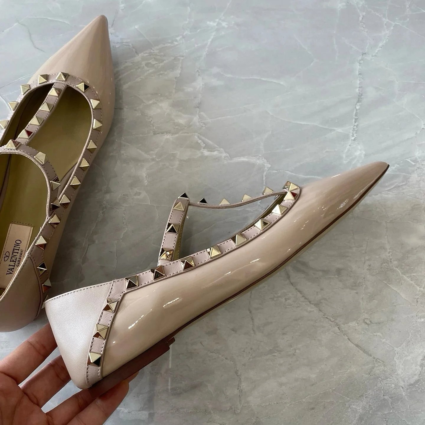 Valentino Garavani Casual Shoes Pointed-Toe Studded Ballet Flats — Flat-heel Nude Patent Leather