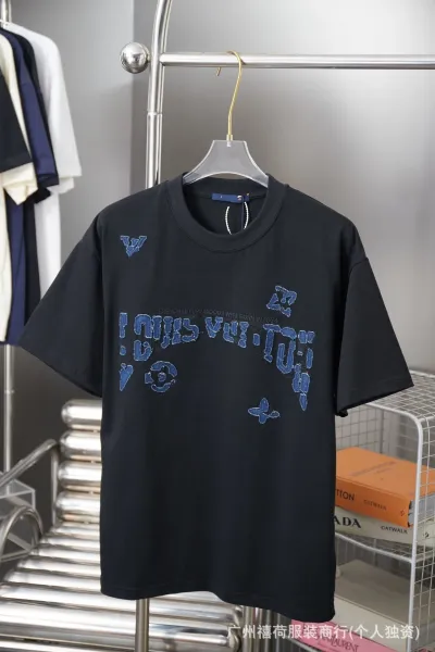 Louis Vuitton Distressed Logo Embroidered Black T-Shirt - 1