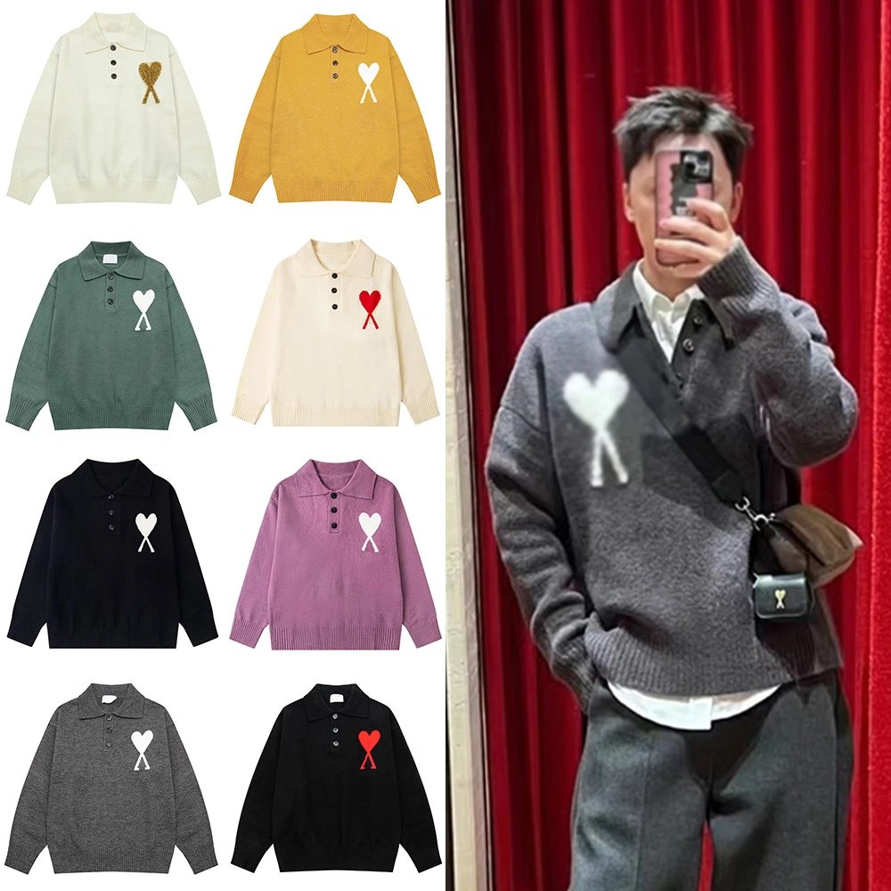Ami Paris Heart Logo Knit Polo Sweater Hoodie